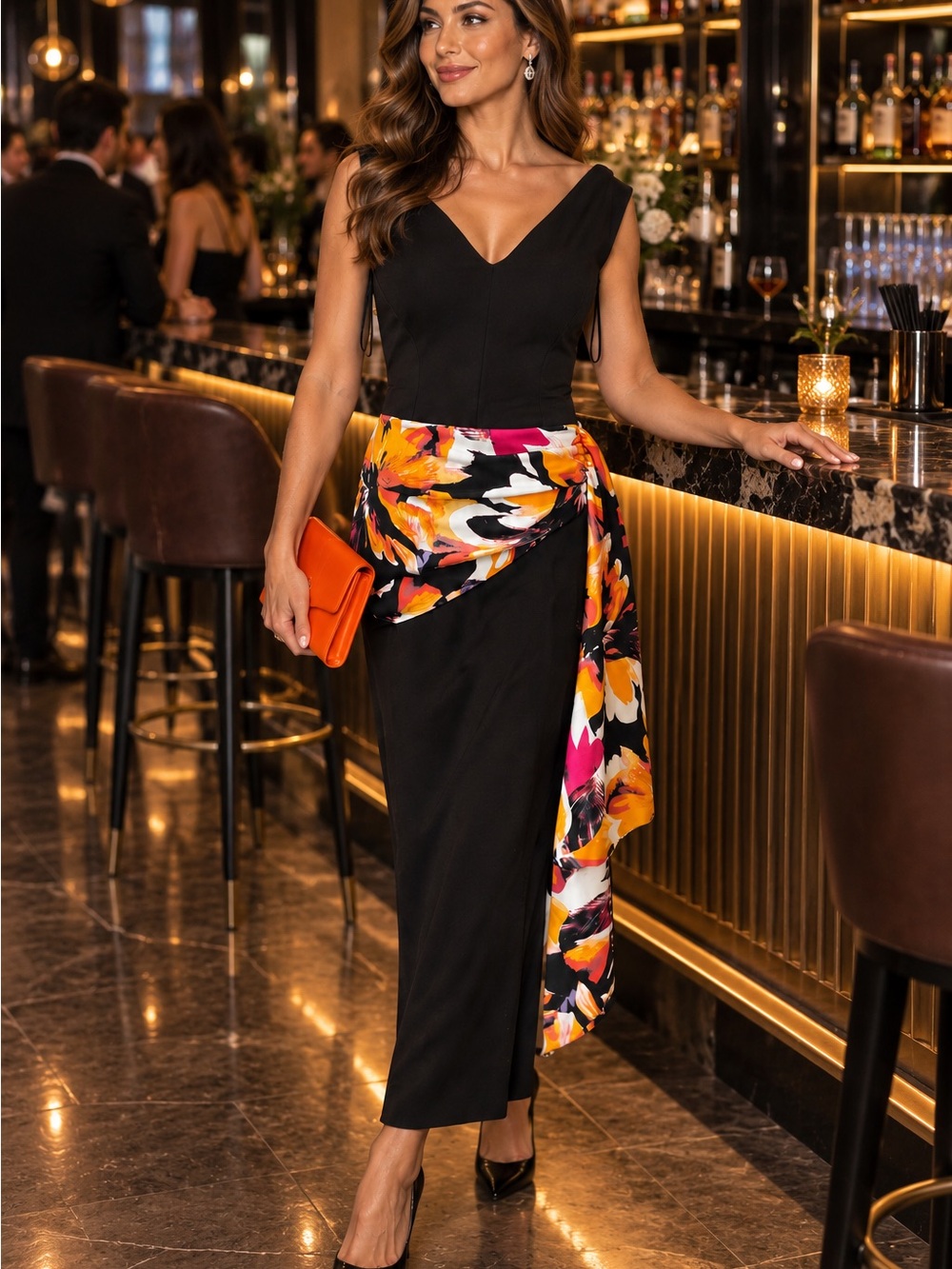 Chiara Boni Black dress  with Vibrant Floral Sash
